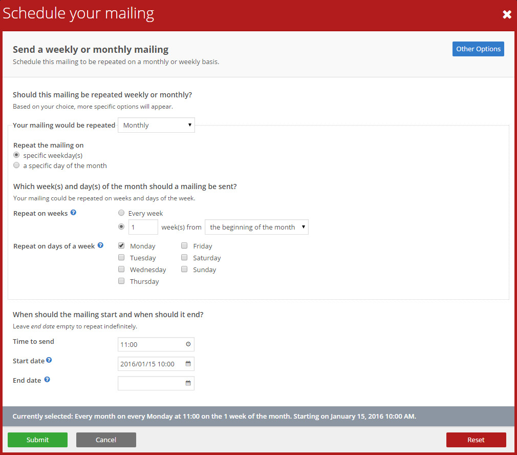 Send a weekly or monthly mailing