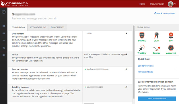 Sender domain management dashboard